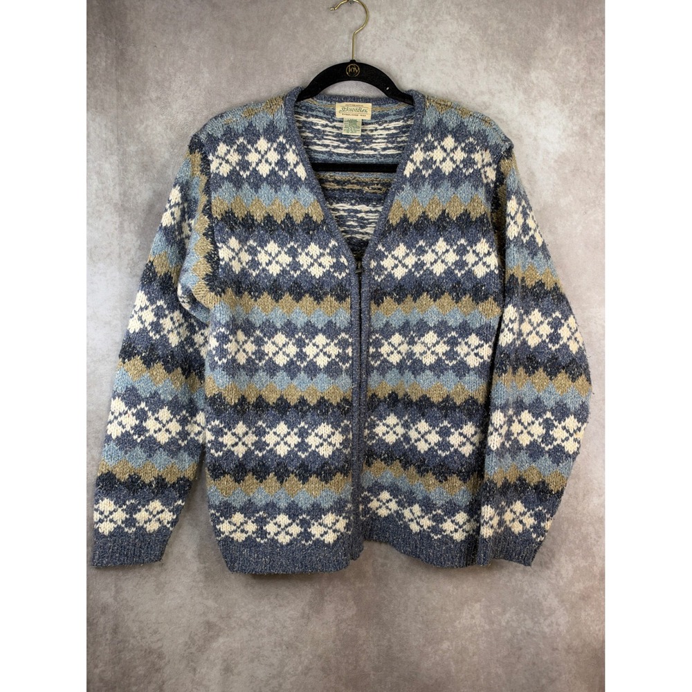 VTG St Johns Bay Textured Cardigan Sweater Womens Large Blue Fair Isle Full Zip